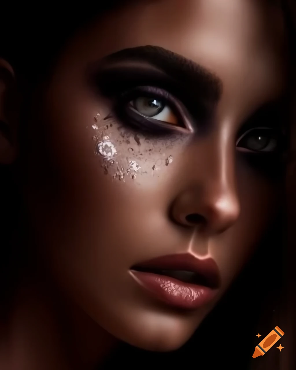 Realistic portrait of woman with captivating gaze and sparkling dark ...