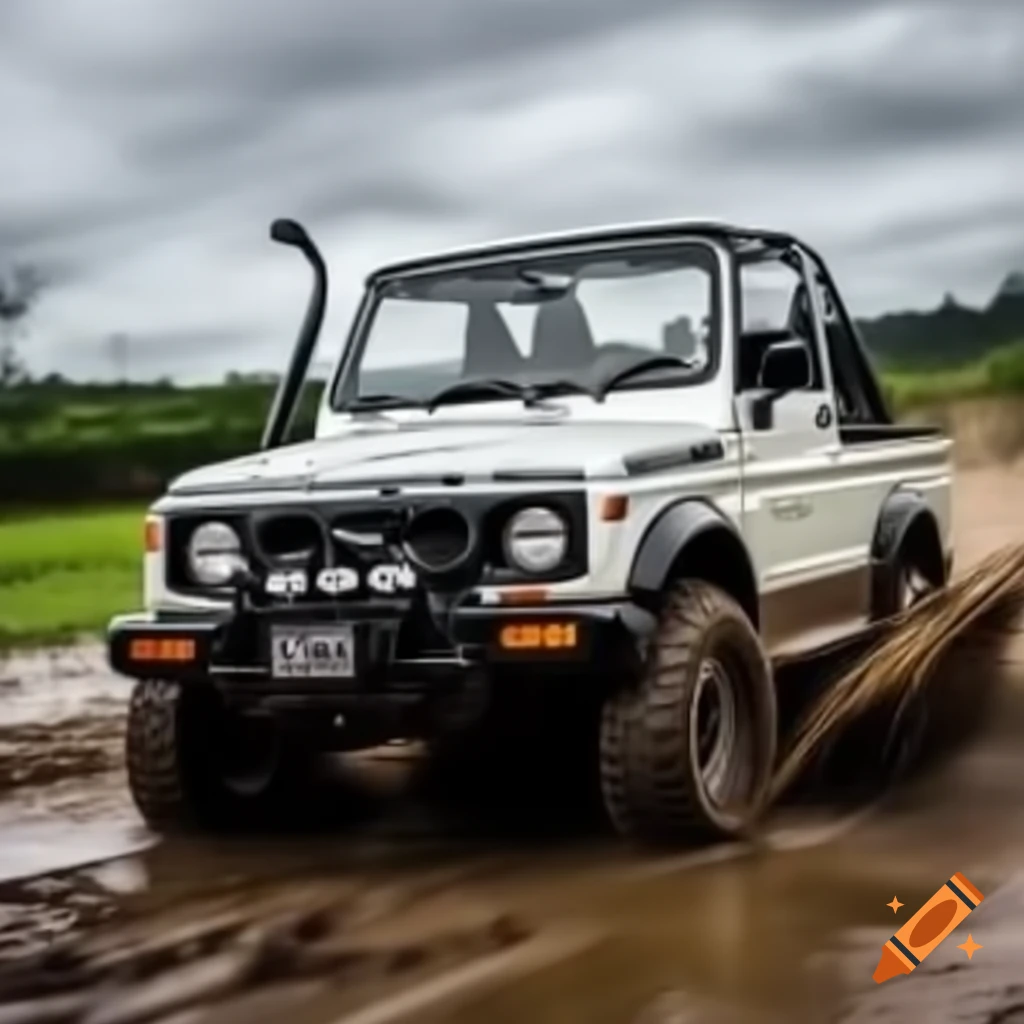 White Suzuki Samurai convertible navigating muddy field with off-road tires