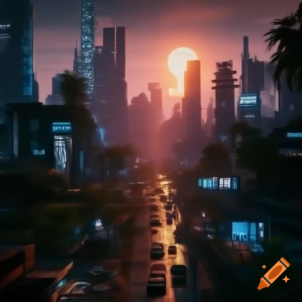 Cyberpunk dystopian city at sunset with neon lights and detailed advertisements