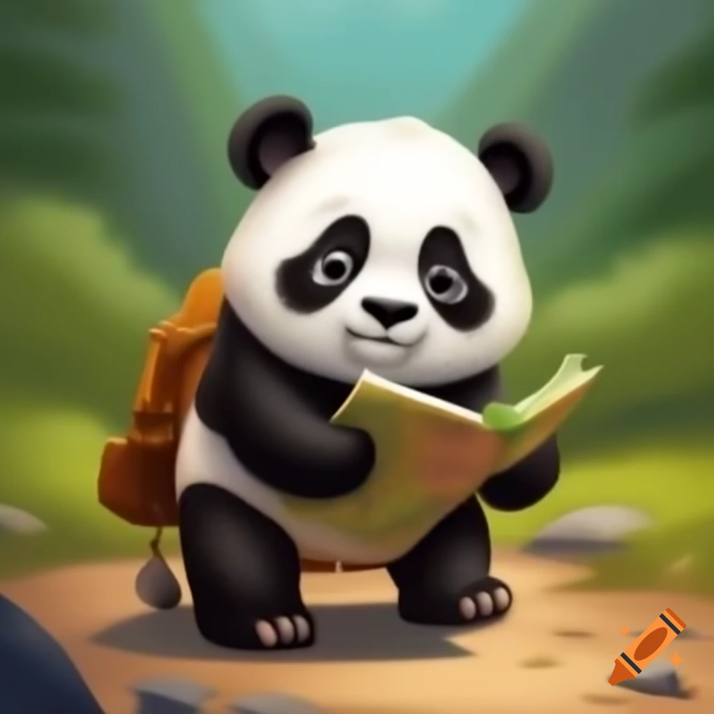 Curious panda with map exploring winding paths