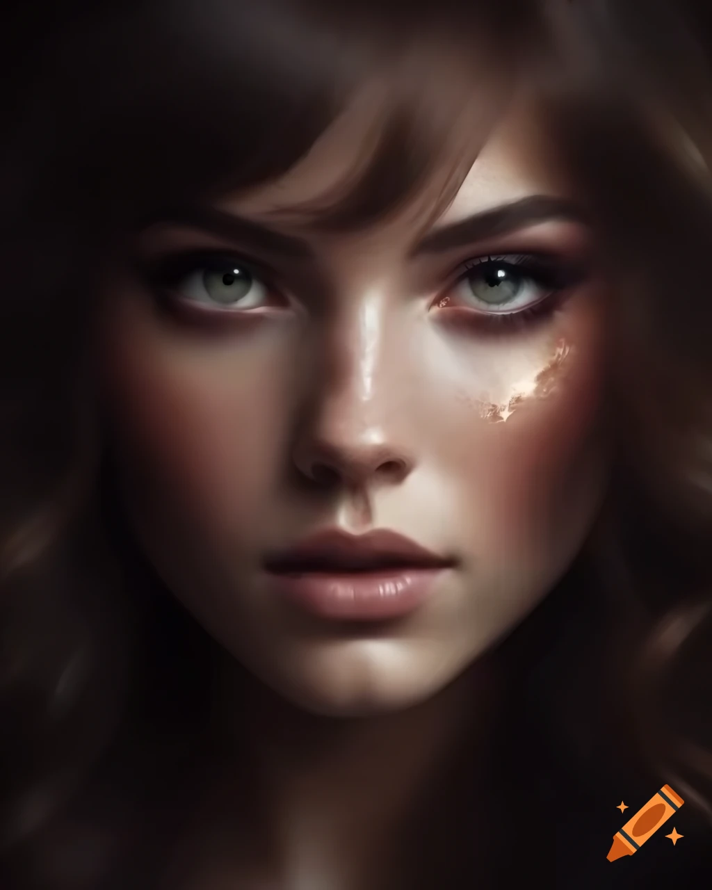 Realistic portrait of a woman with sparkling brown eyes and flowing ...