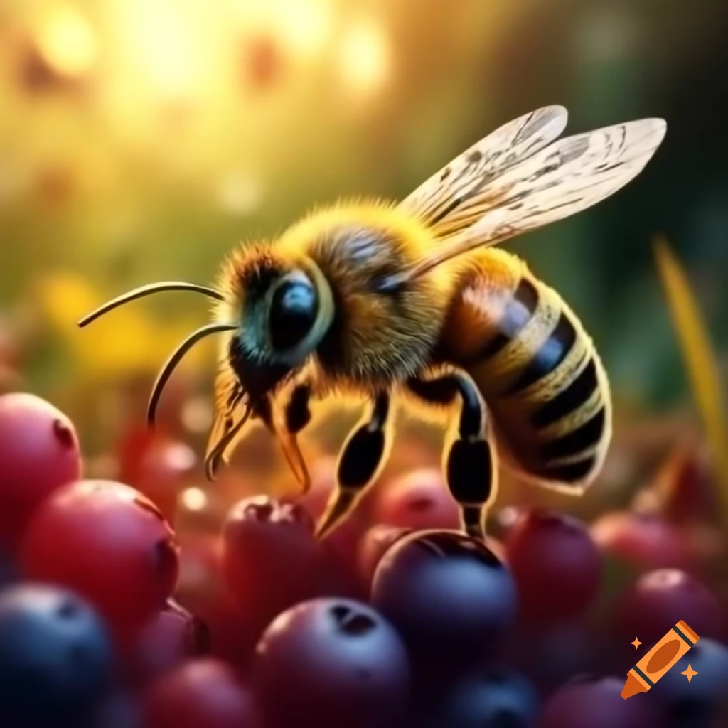 Bee with blueberry-like shell in dew-covered berry field