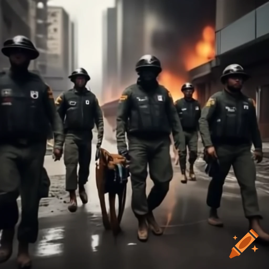 K9 team patrolling urban disaster zone struck by fire