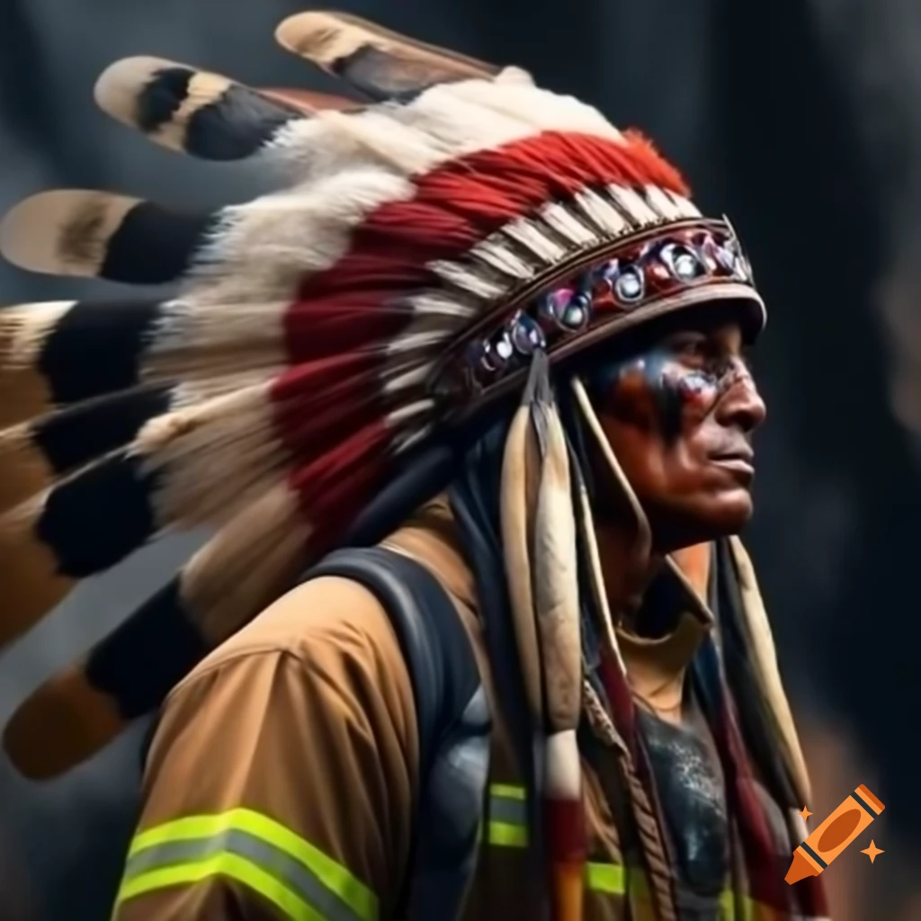 Firefighter wearing Native American headdress