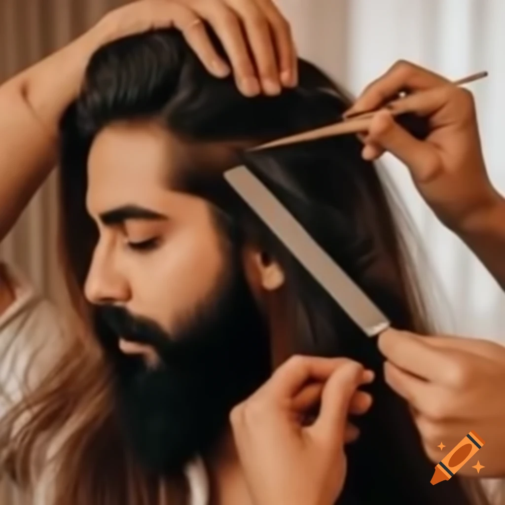 Sikh man having long hair cut by wife in a tense moment