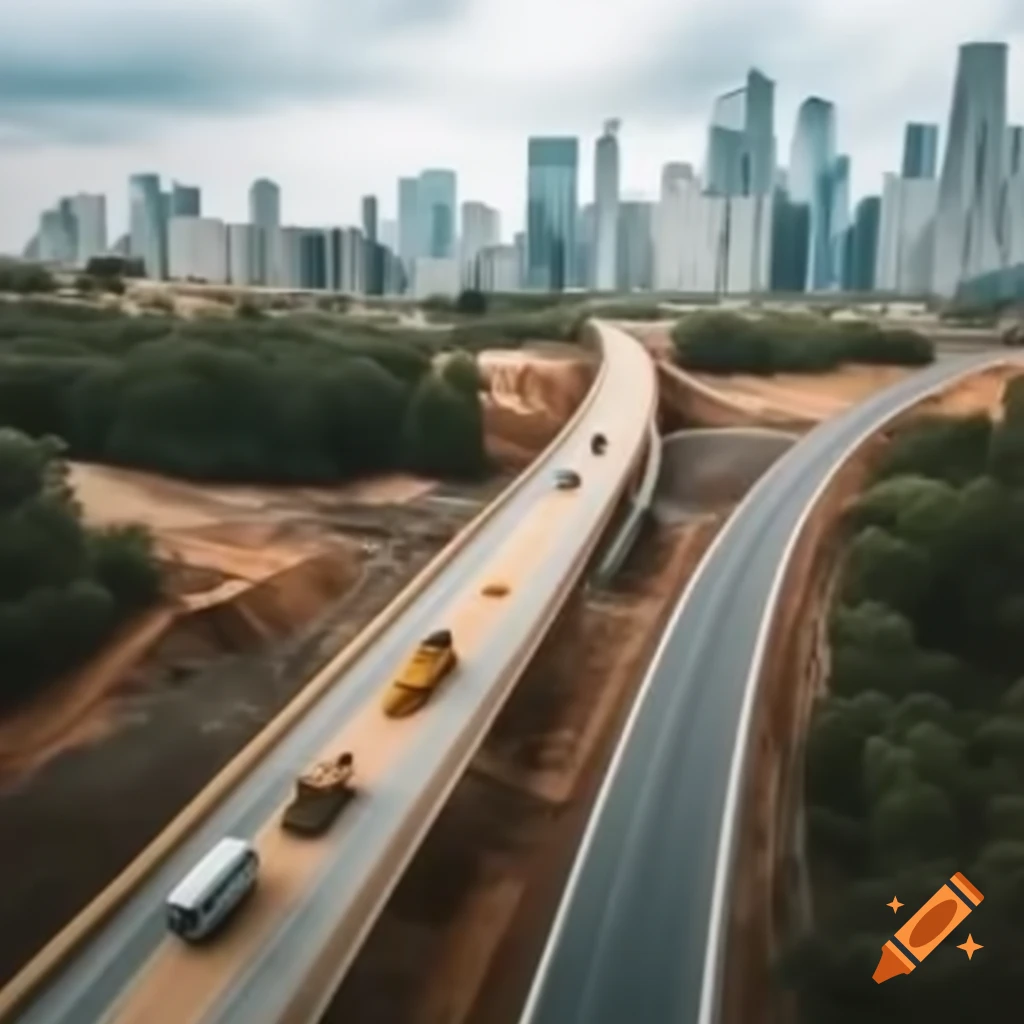 Construction of road in urban/natural setting with construction vehicles