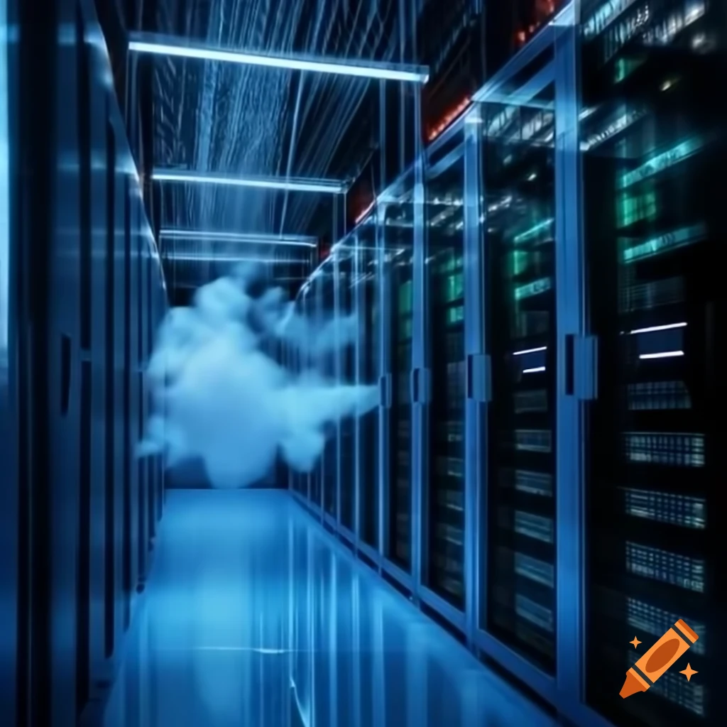 Advanced server room in data centre with network cables and server emitting white smoke