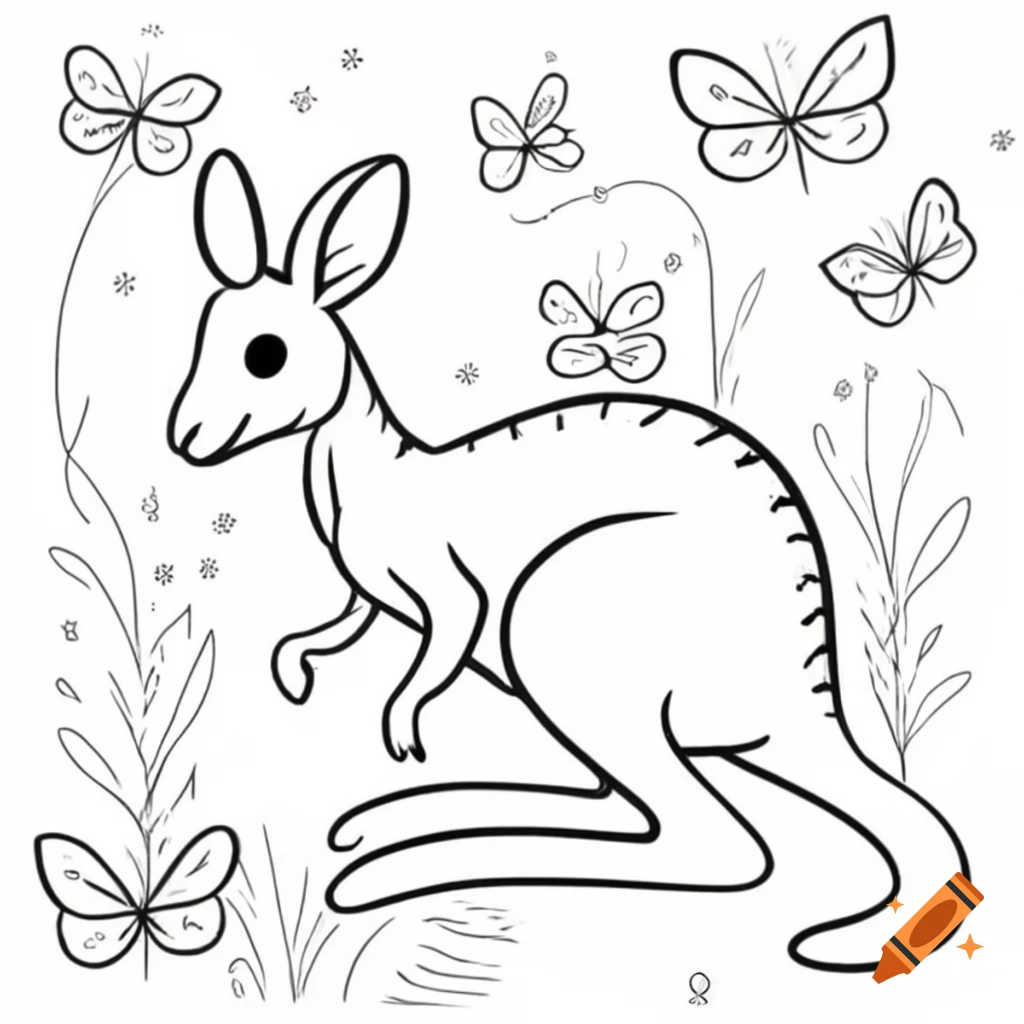 Black line drawing of cartoon kangaroo surrounded by butterflies for coloring