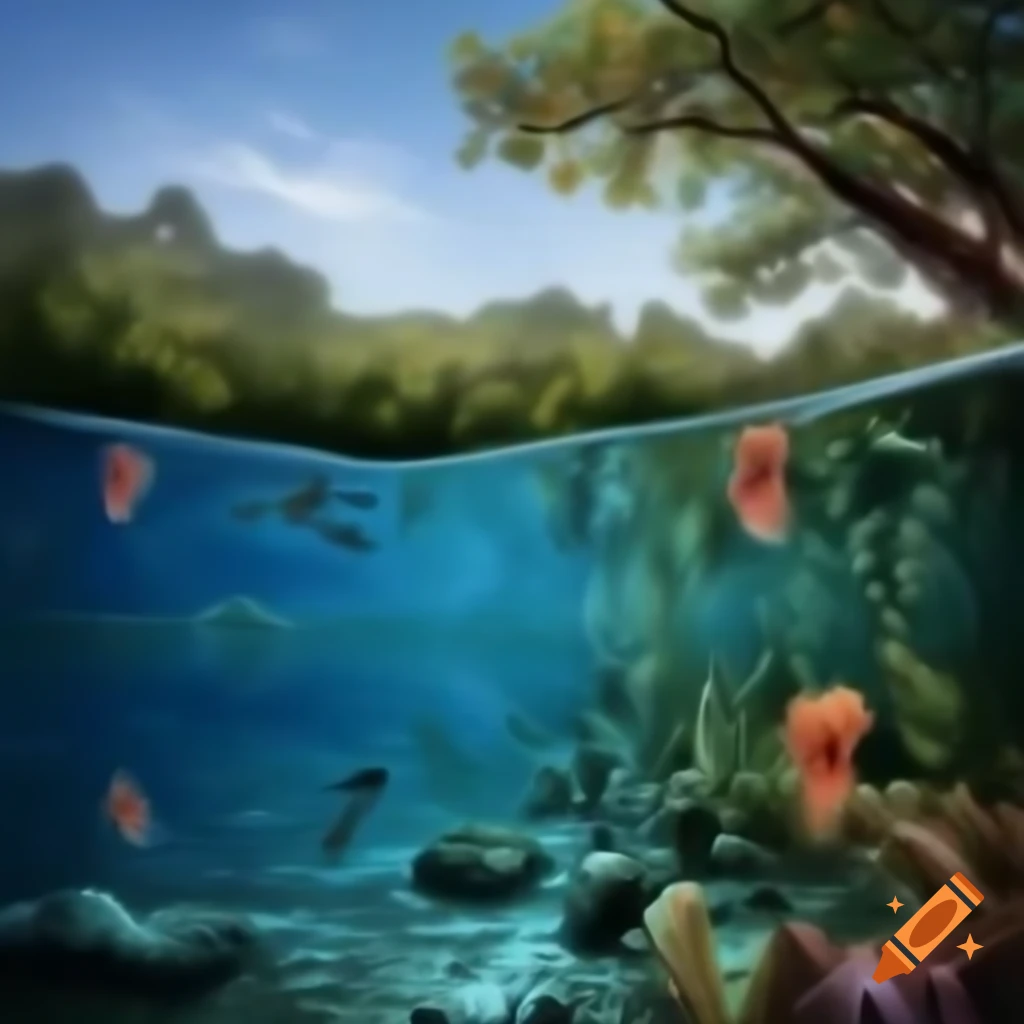 Vibrant digital art of lake with fish, trees, and coral in colorful jungle scene