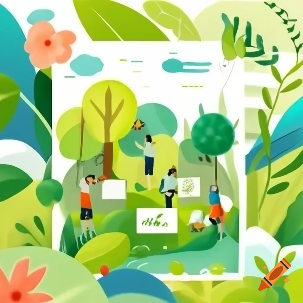Vibrant nature illustration of lush greenery and colorful flowers in sustainable landscape