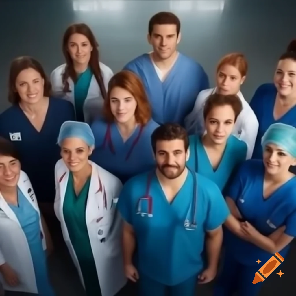 Group portrait of doctors, nurses, and healthcare workers posing as a team