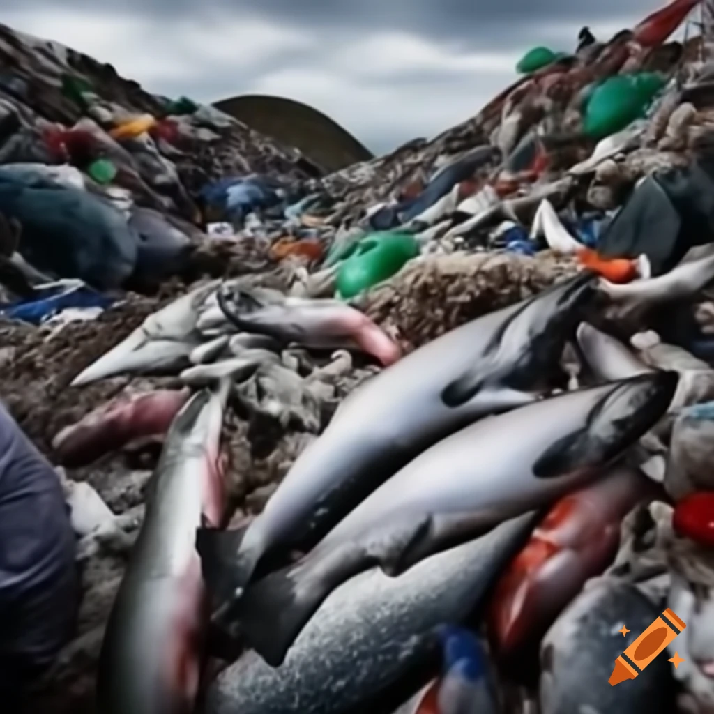 Wide shot of landfill with discarded giant salmon and plastic waste