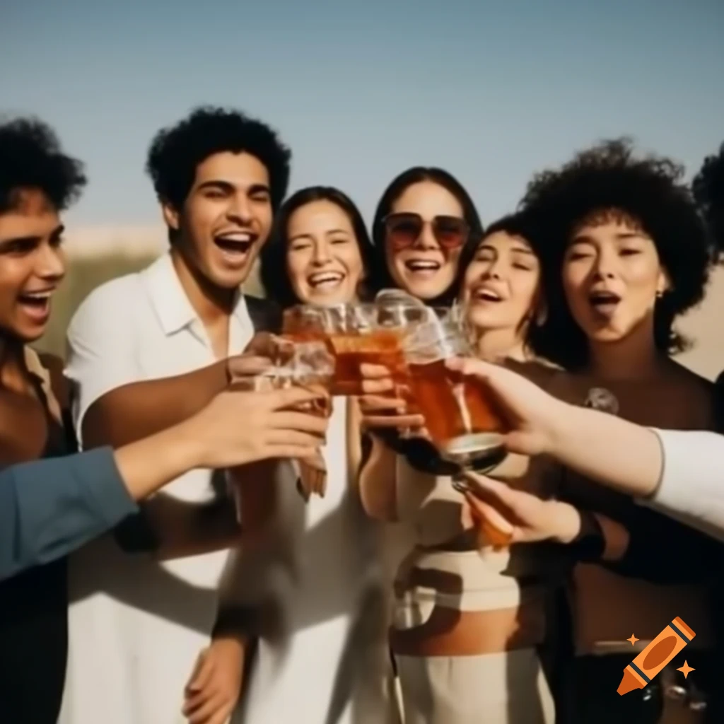 Diverse group of men and women holding drinks together