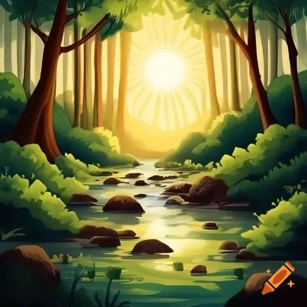 Golden sunlight streaming through leaves in a vibrant forest