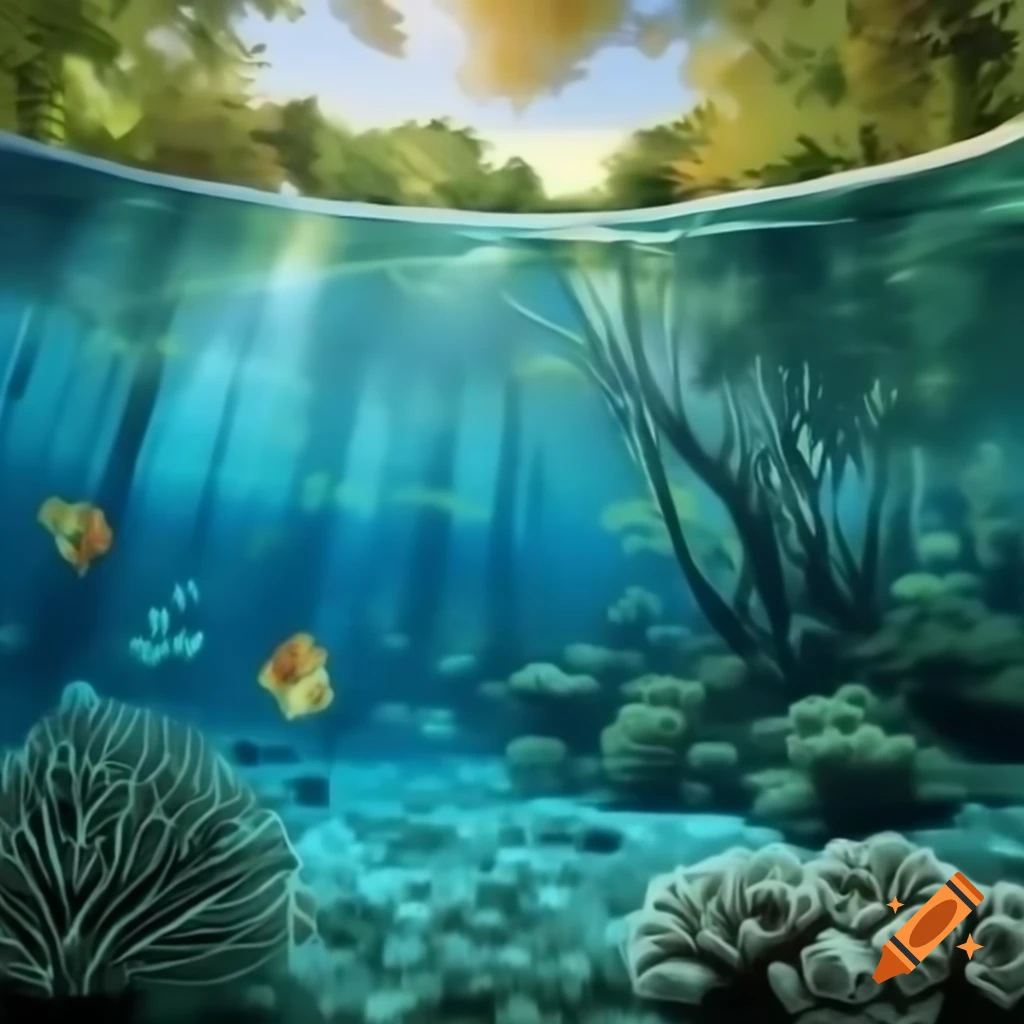 Vibrant digital art of lake with fish, trees, and coral in colorful jungle scene