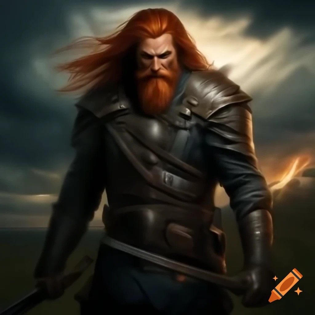 Battle-worn warrior at stormy forest edge with flowing red hair on Craiyon