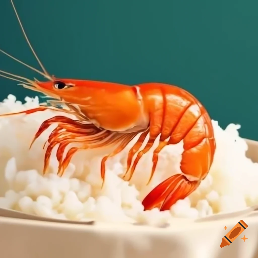 Photorealistic shrimp on fresh rice, appealing presentation