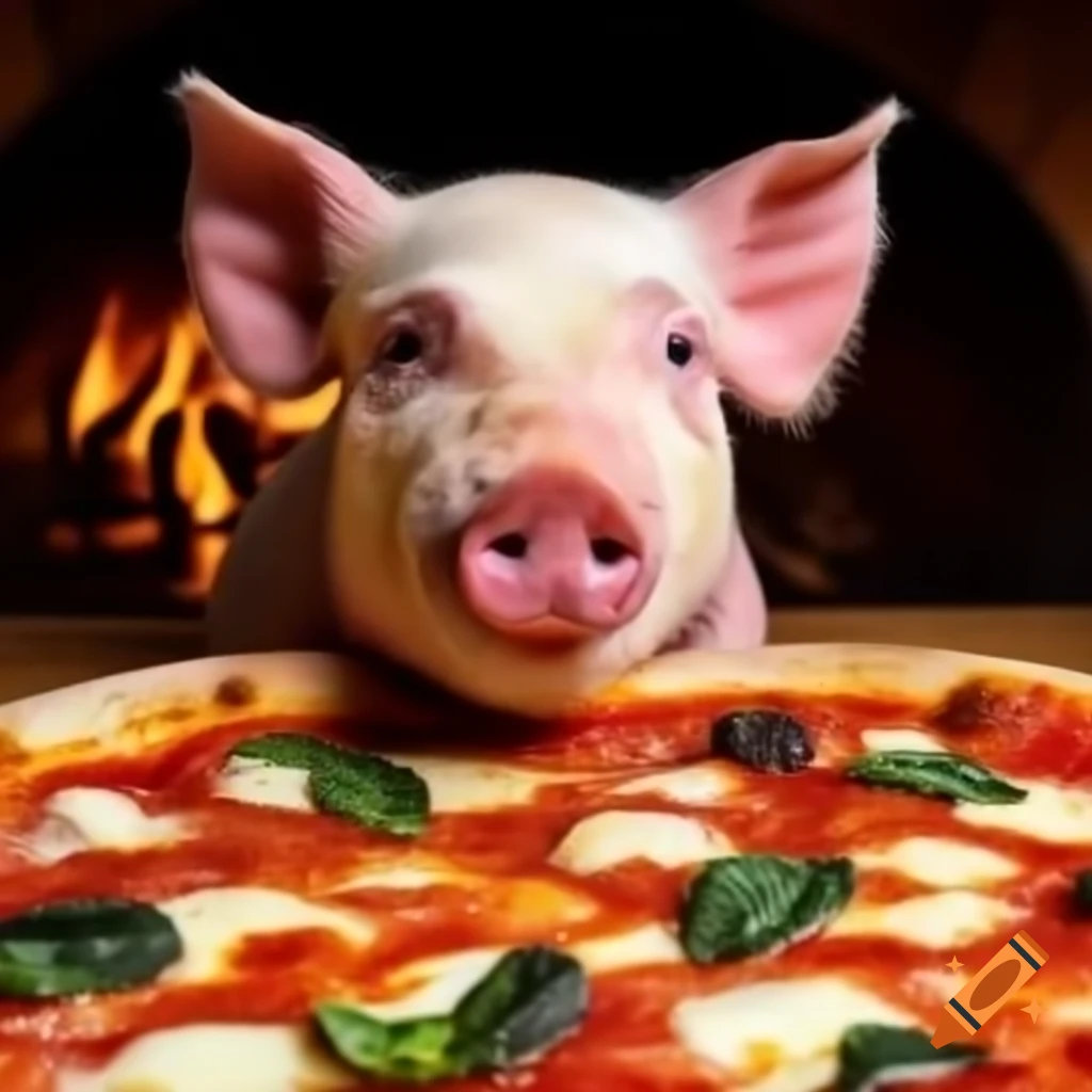 Pig on a pizza, playful food composition