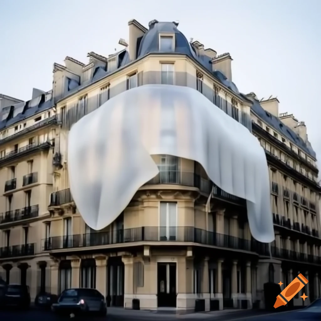 Paris street with giant translucent round patch over building
