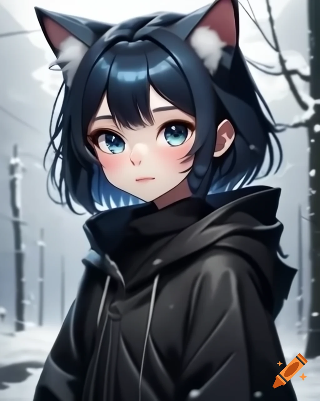 Anime catgirl with dark blue hair in black cloak against snowy backdrop