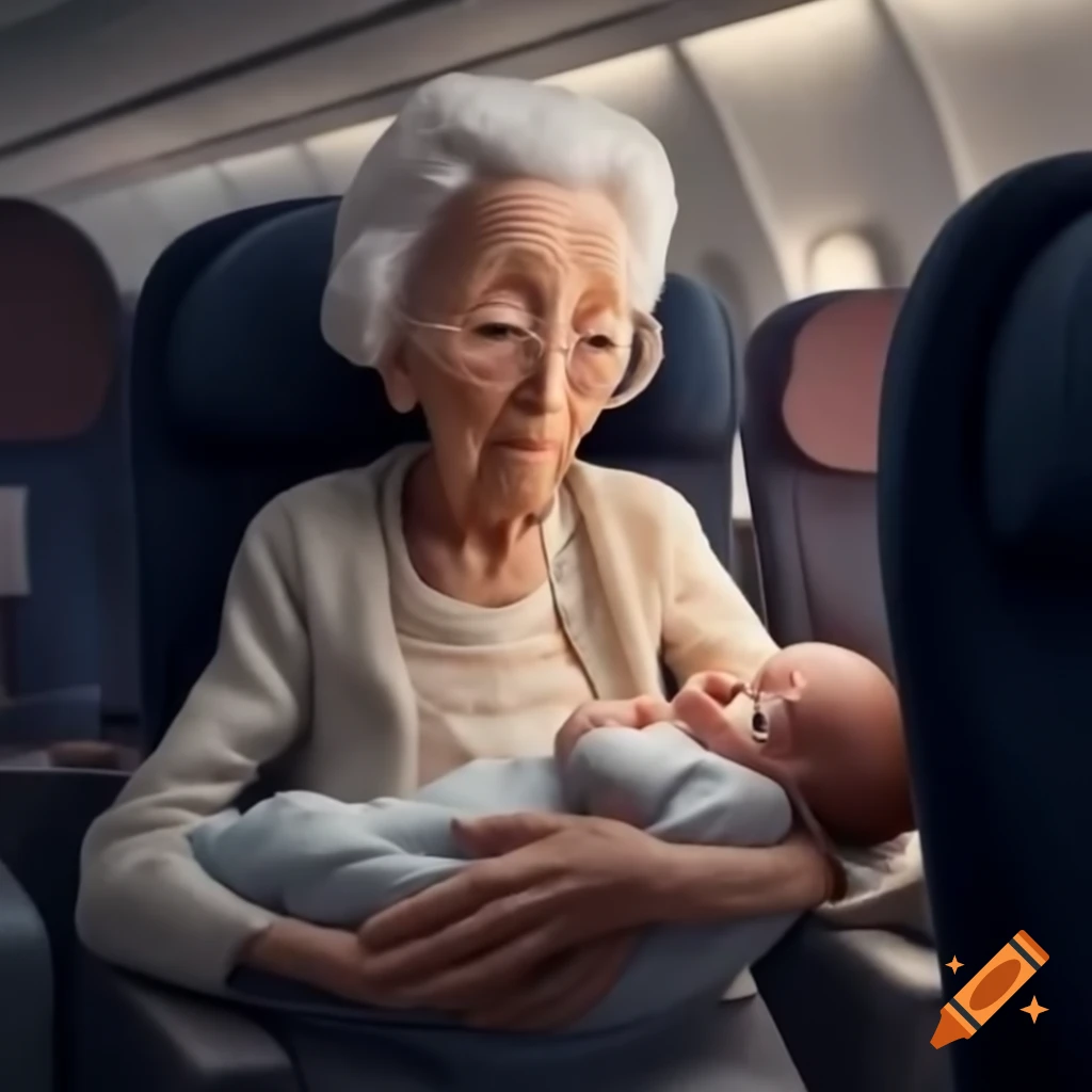 Old lady holding large baby inside an airplane