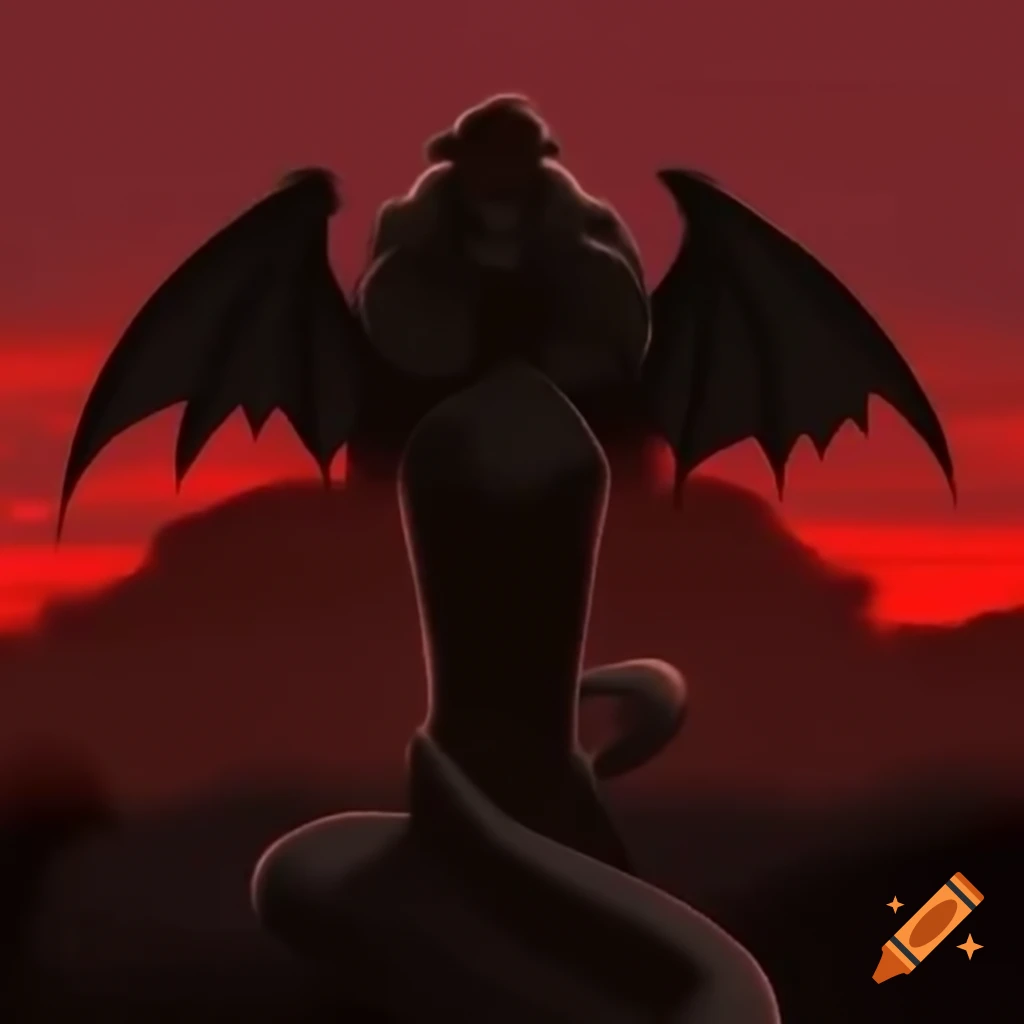 Quetzalcóatl shadow in snake form with wings against red sunset sky, bold digital art