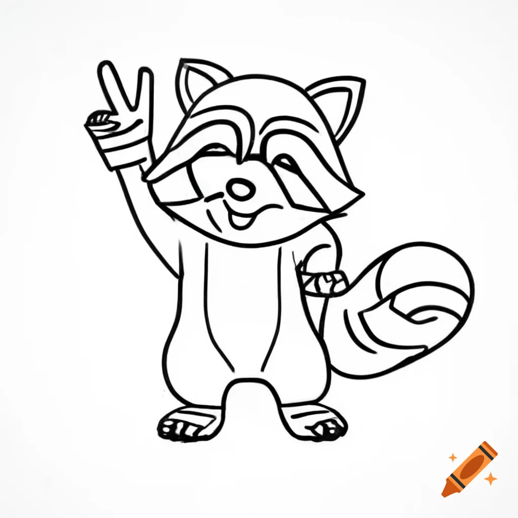 Line art of raccoon making peace sign