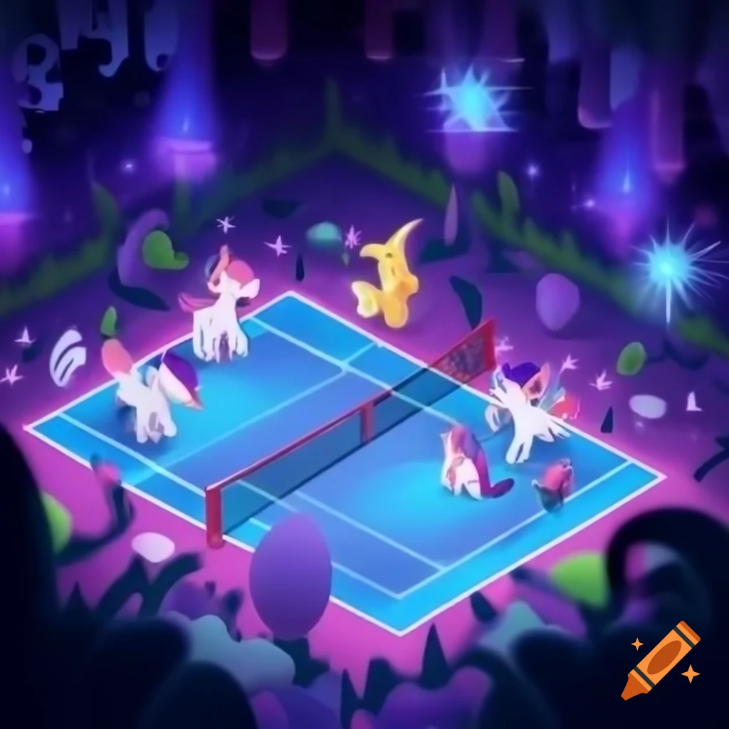 Four unicorns playing padel on an enchanted glowing court