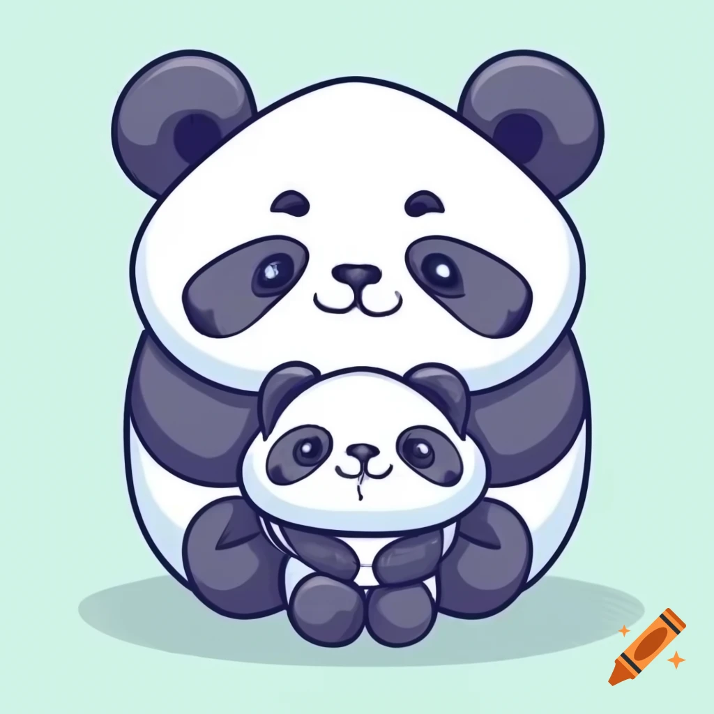 Adult panda hugging baby panda with bamboo in cartoony style