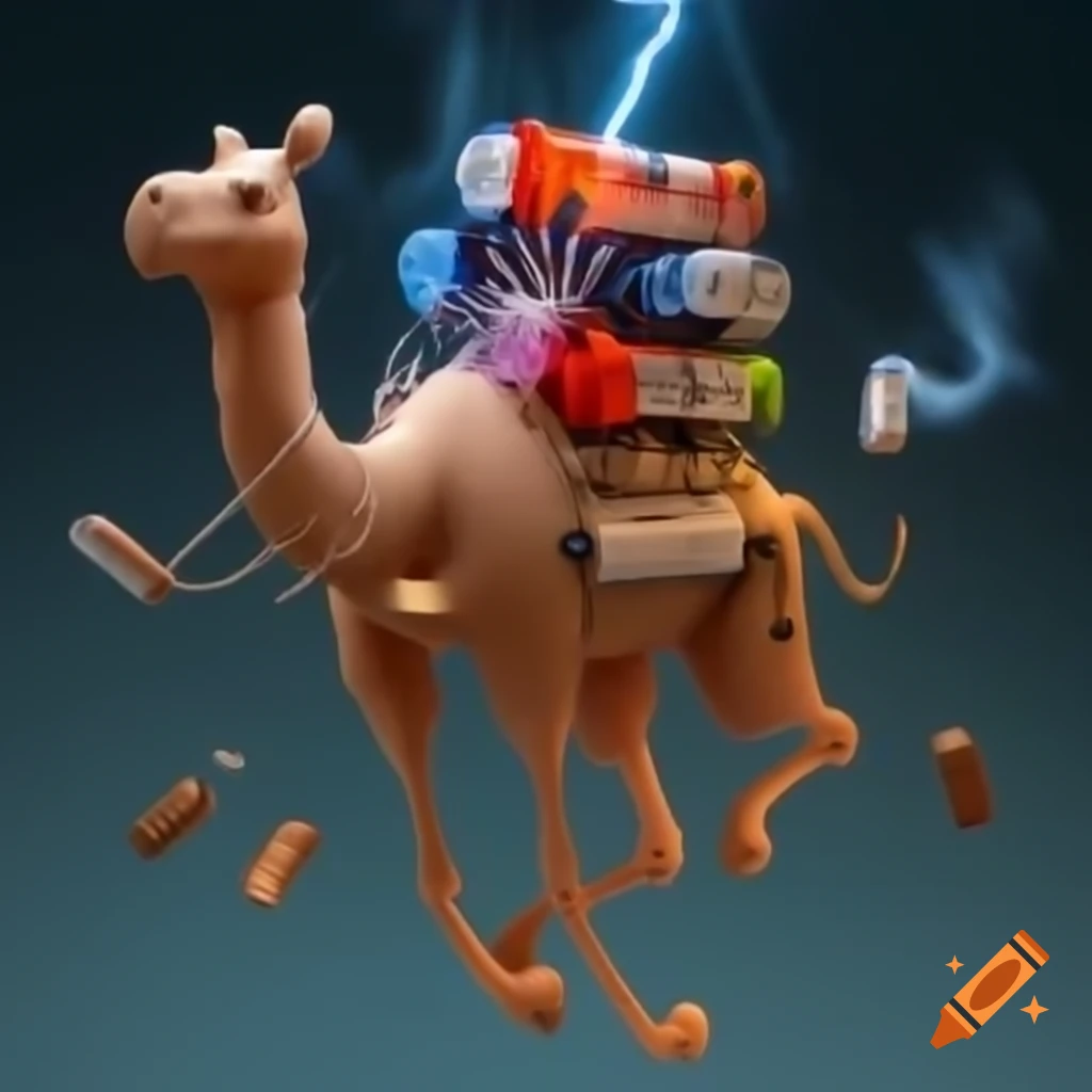 Whimsical flying camel with battery humps and electrical energy