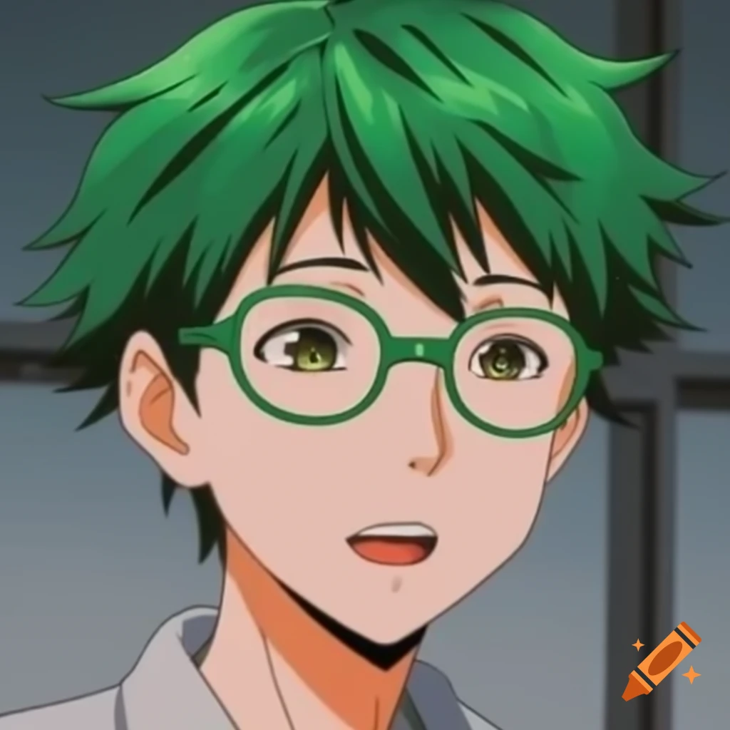 Anime boy with green hair and glasses wearing a grey shirt on Craiyon