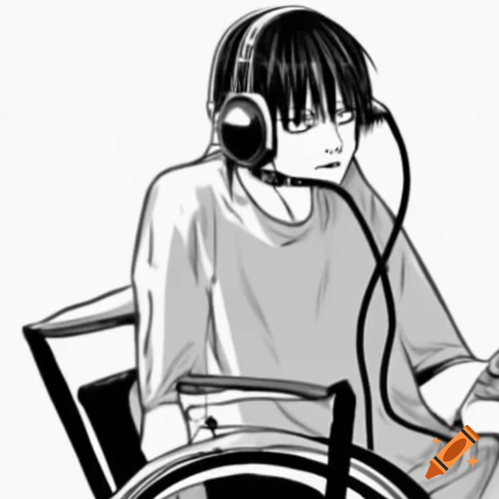 Person with braids in wheelchair wearing headphones, brown hair