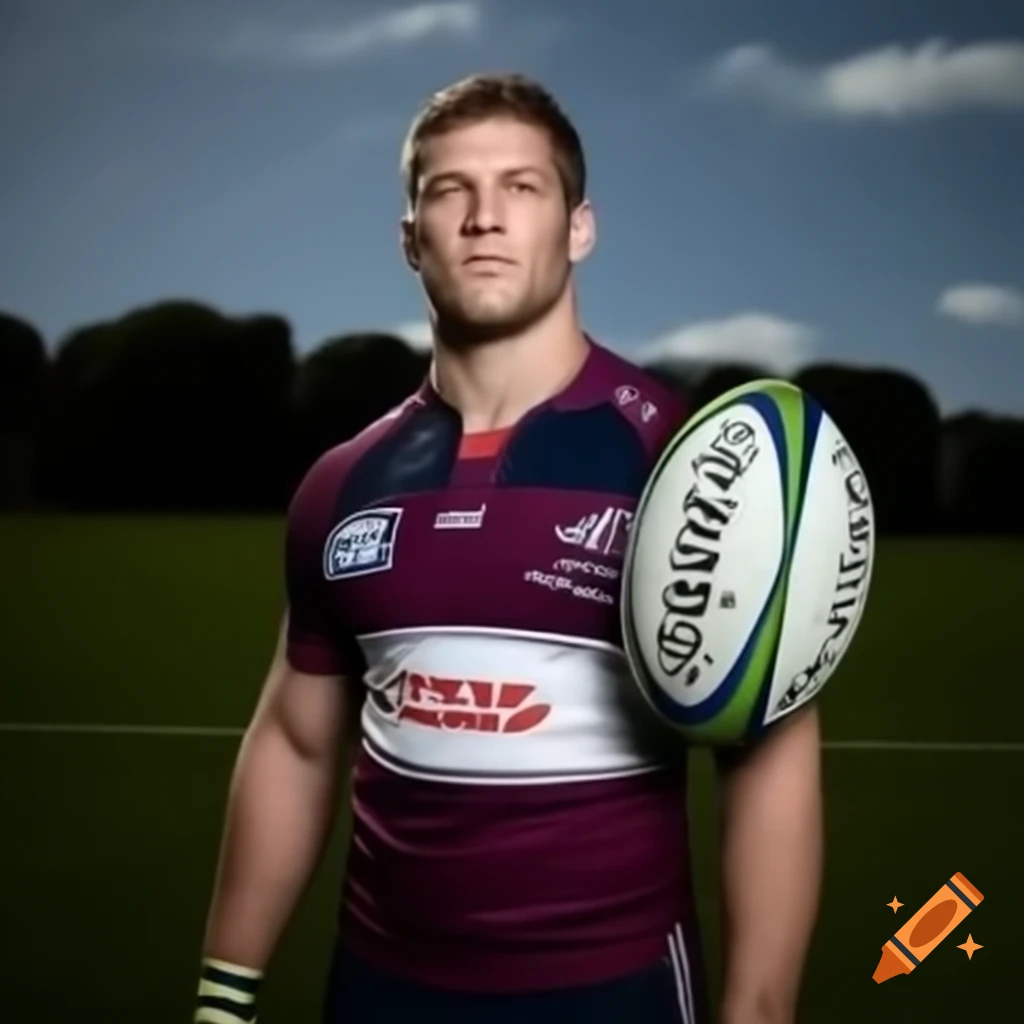 Rugby player standing on field with ball under arm