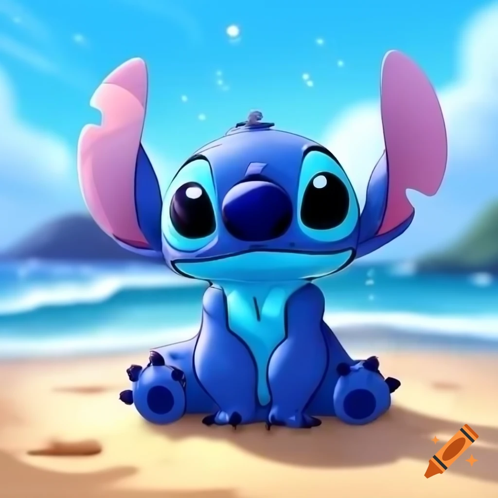 Stitch relaxing on sunny beach, gazing at sparkling ocean on
