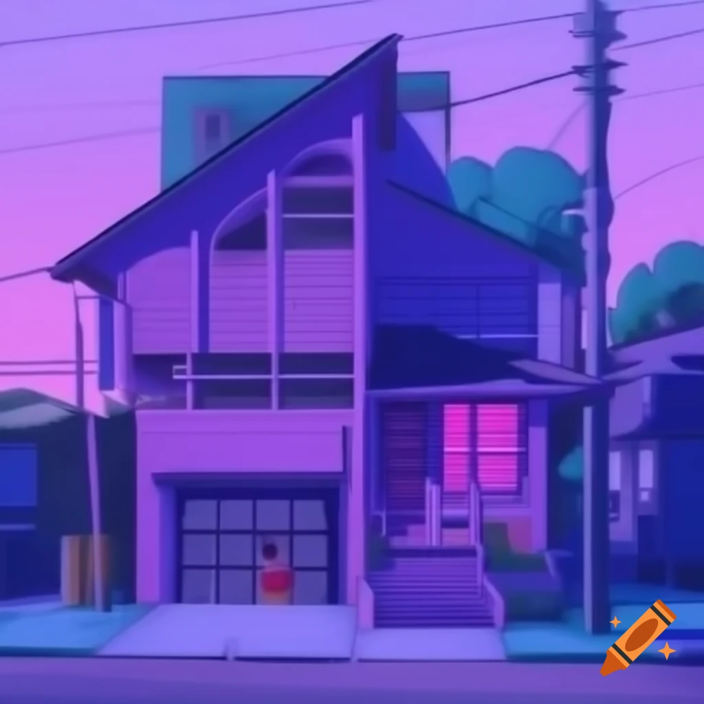 Modern 2-floor purple house in anime style
