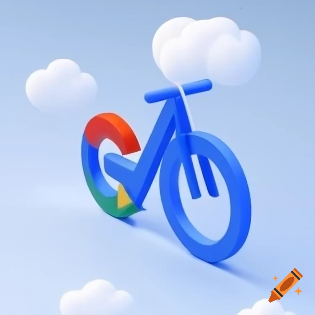 Google logo riding a bicycle in a playful scene