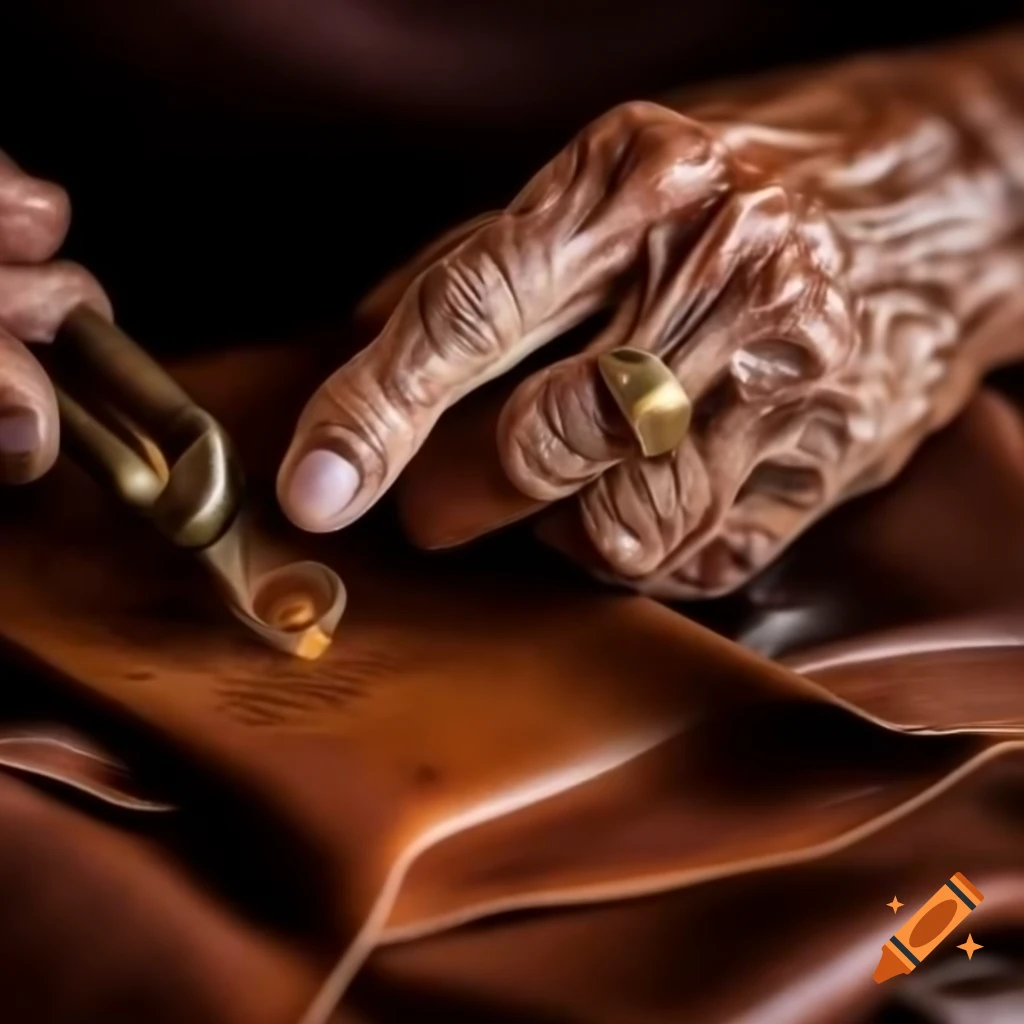 Close-up of elderly woman's hands working on caramel leather, highlighting wrinkles and textures