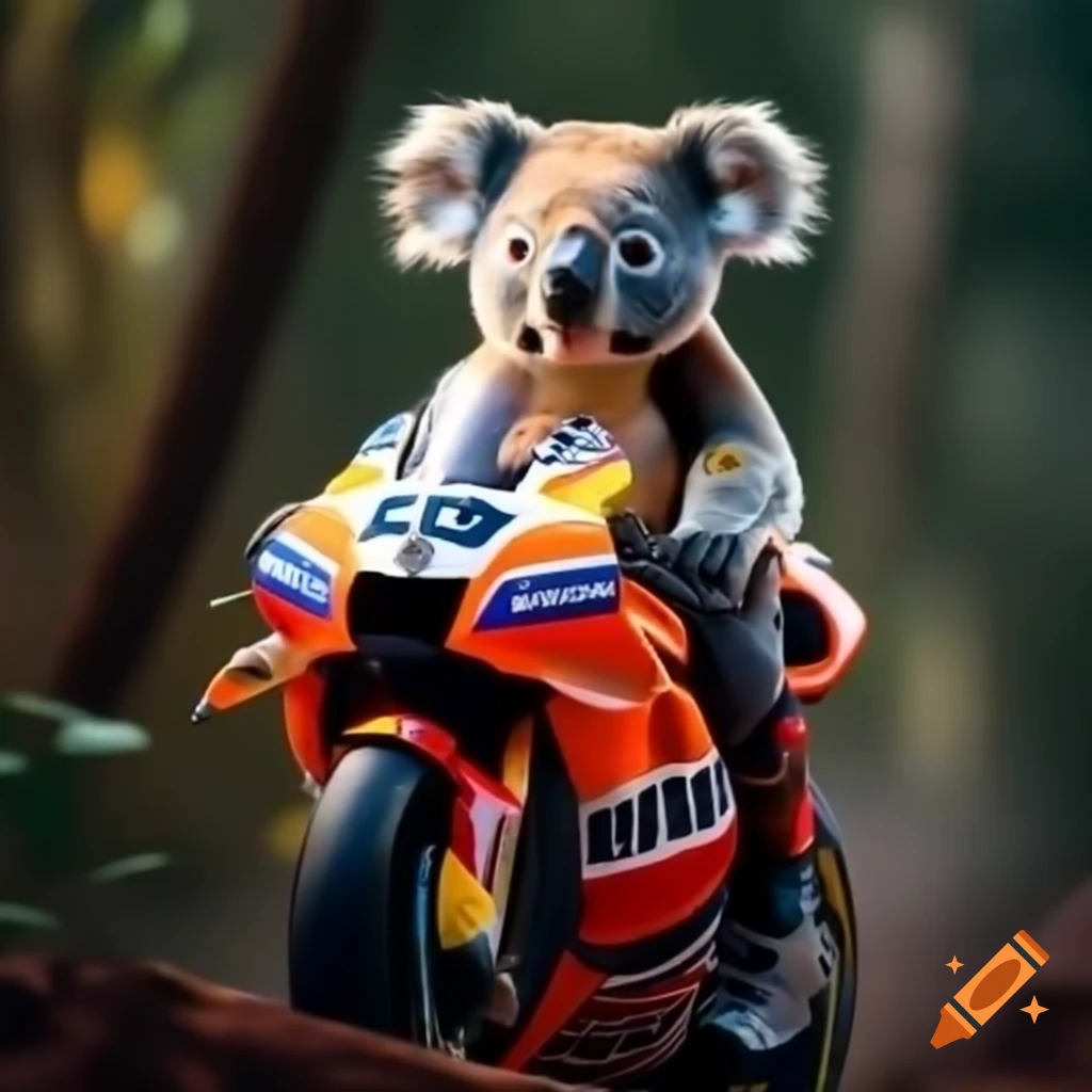 Koala riding motogp motorbike into the woods on Craiyon