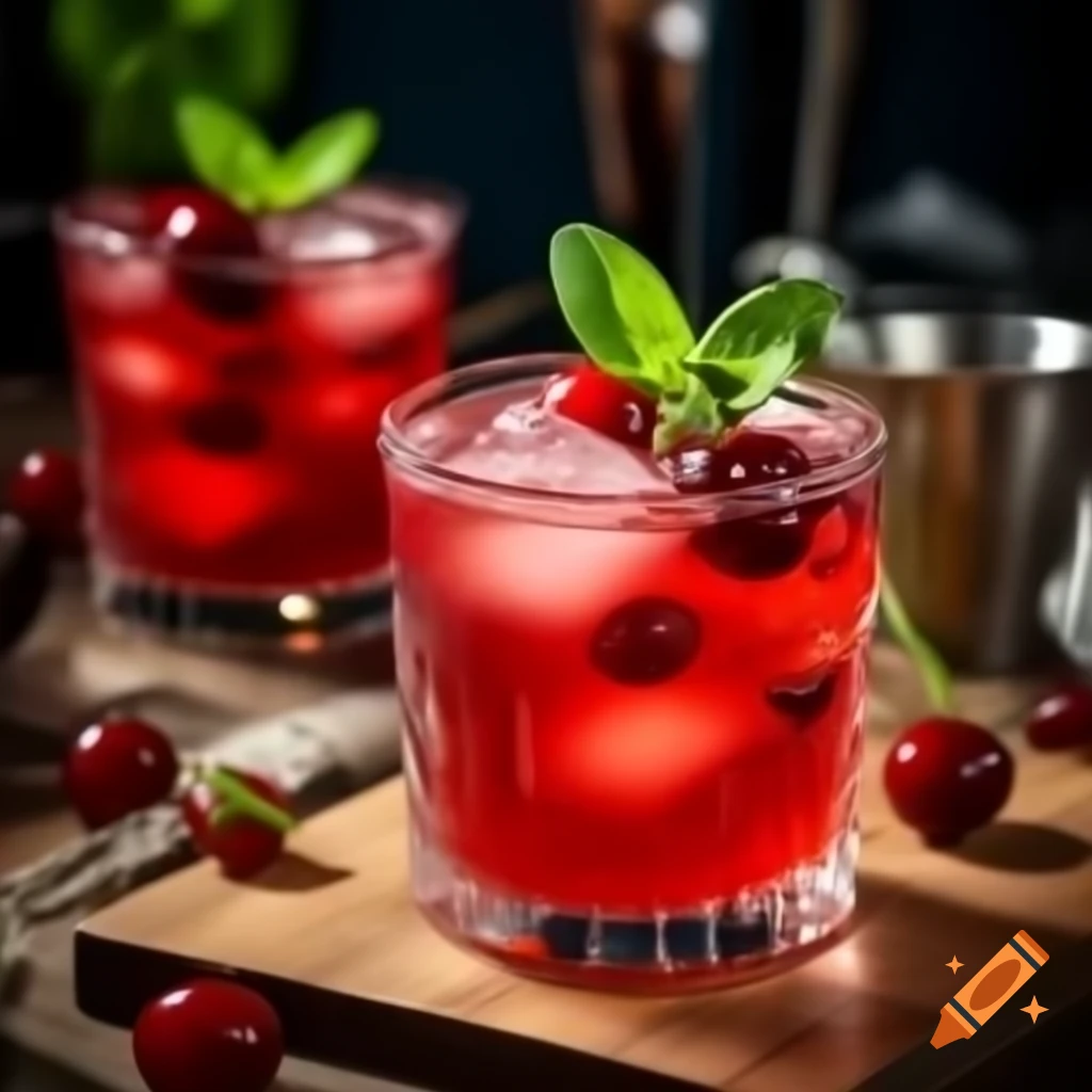 Cherry and basil collins cocktail with garnishes