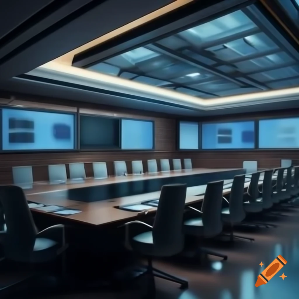 Modern tech conference room with speakers discussing AI and Blockchain