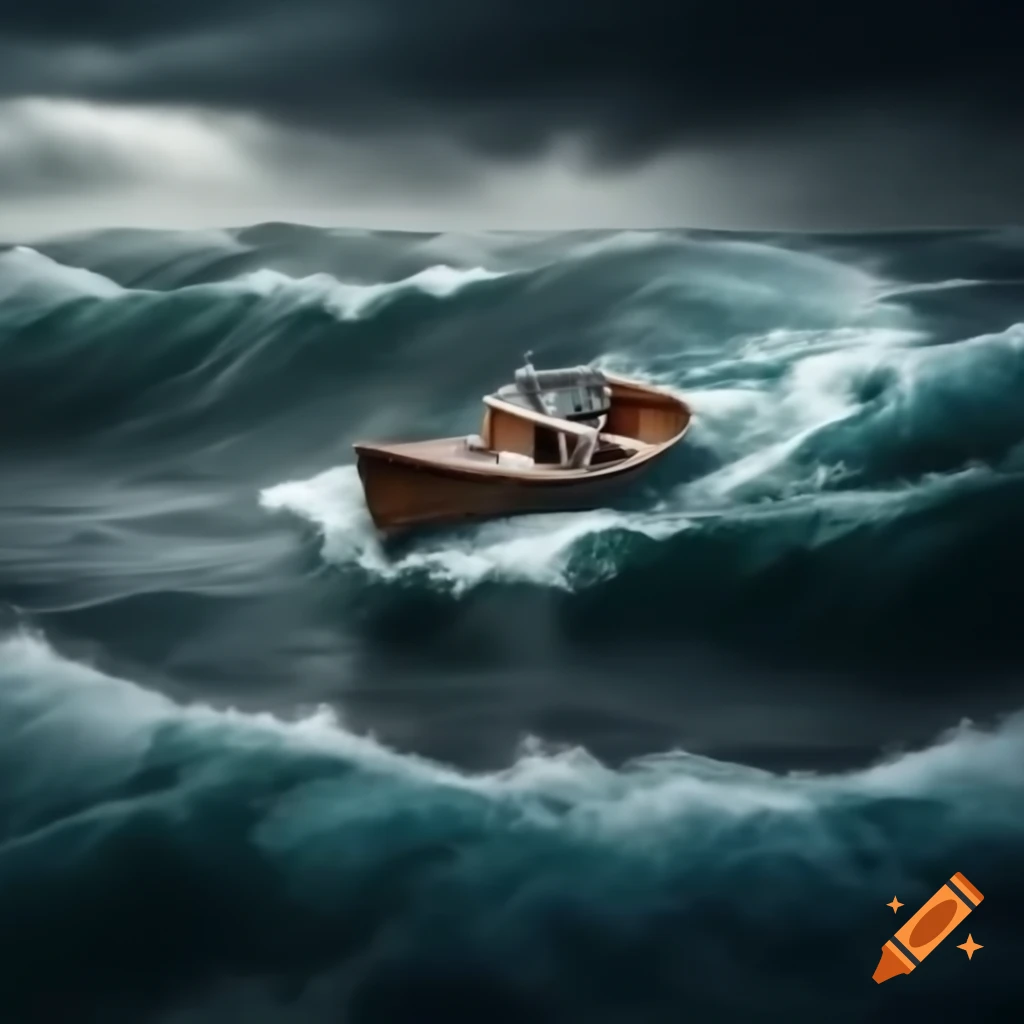Small boat struggling in stormy waves on Craiyon