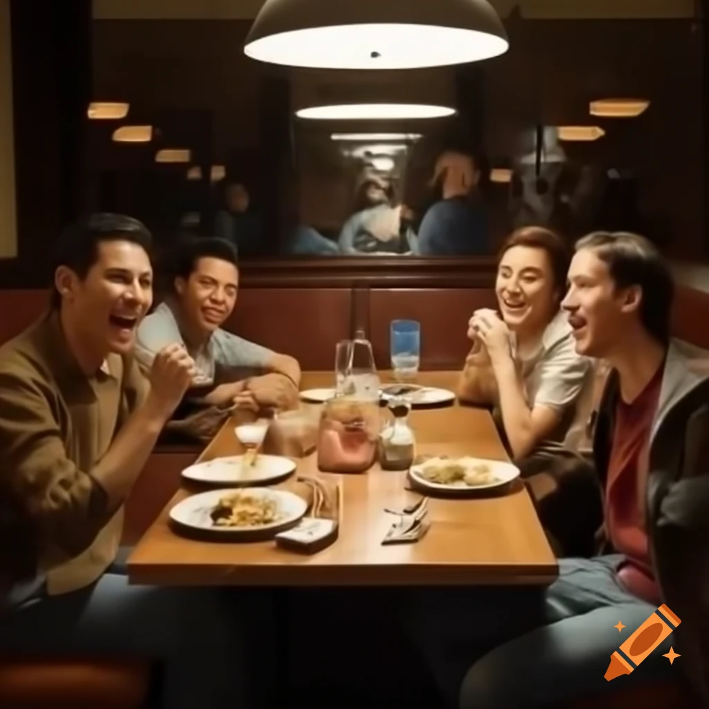 Four friends enjoying a meal at a restaurant table