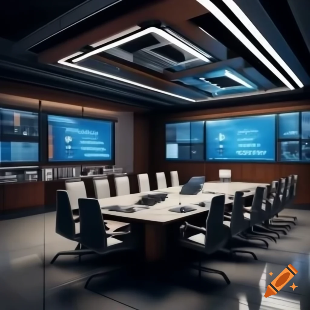 Modern tech conference room with speakers discussing AI and Blockchain