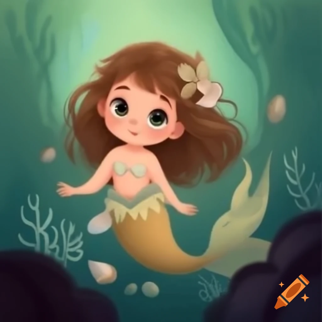 Cute baby mermaid made of seaweed with shells, storybook illustration