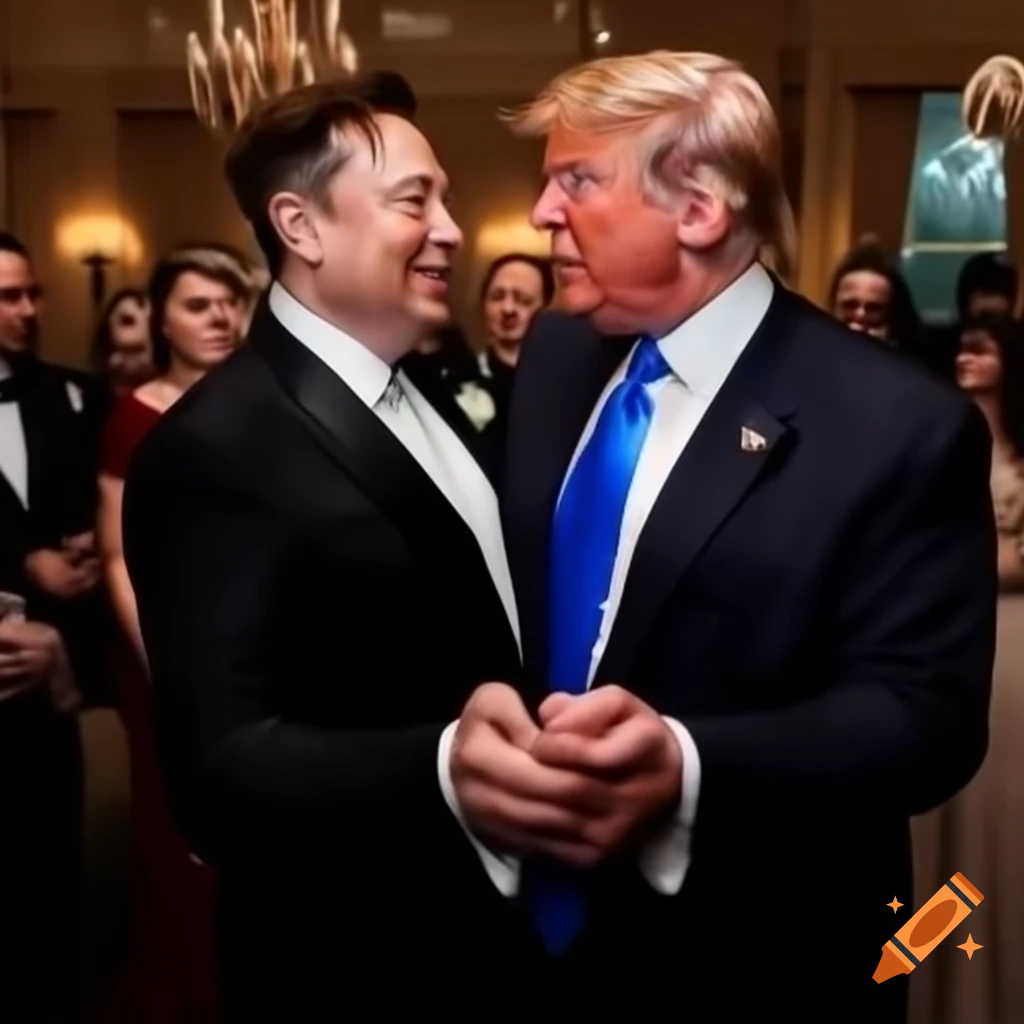 Donald Trump and Elon Musk dancing together at a wedding on Craiyon