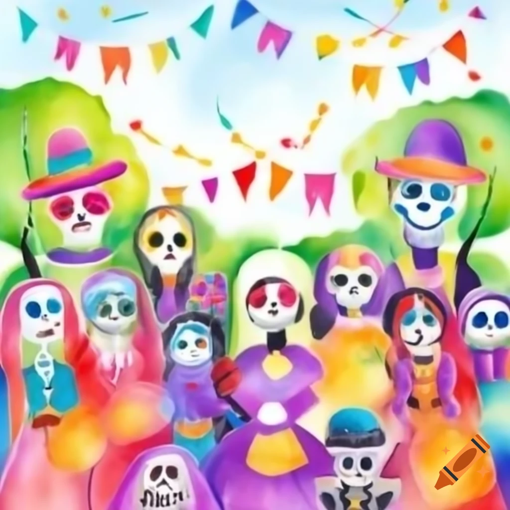 Vibrant watercolor painting of Dia de los Muertos festival
