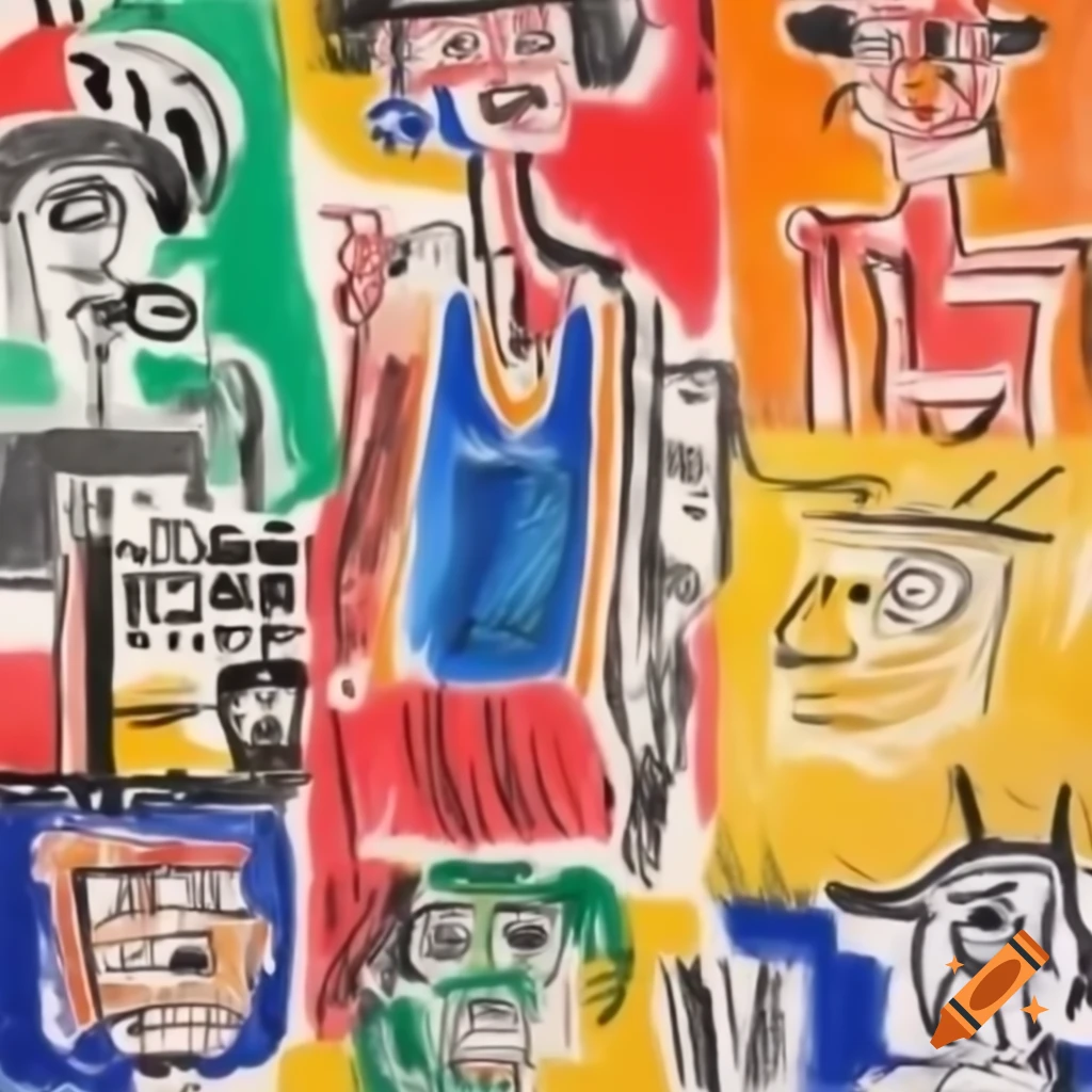 Vibrant colored pencil sketches in expressive style inspired by Jean-Michel Basquiat