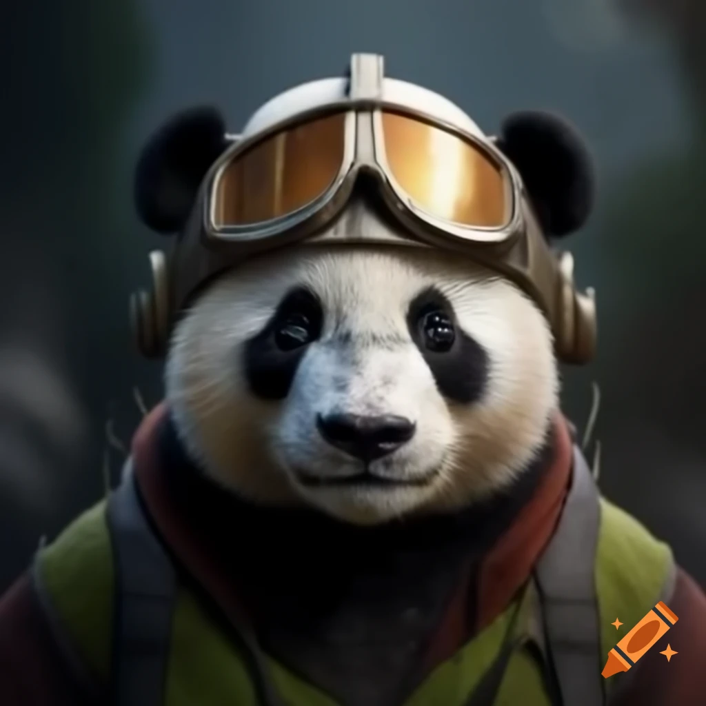 Panda wearing a helmet in a playful pose