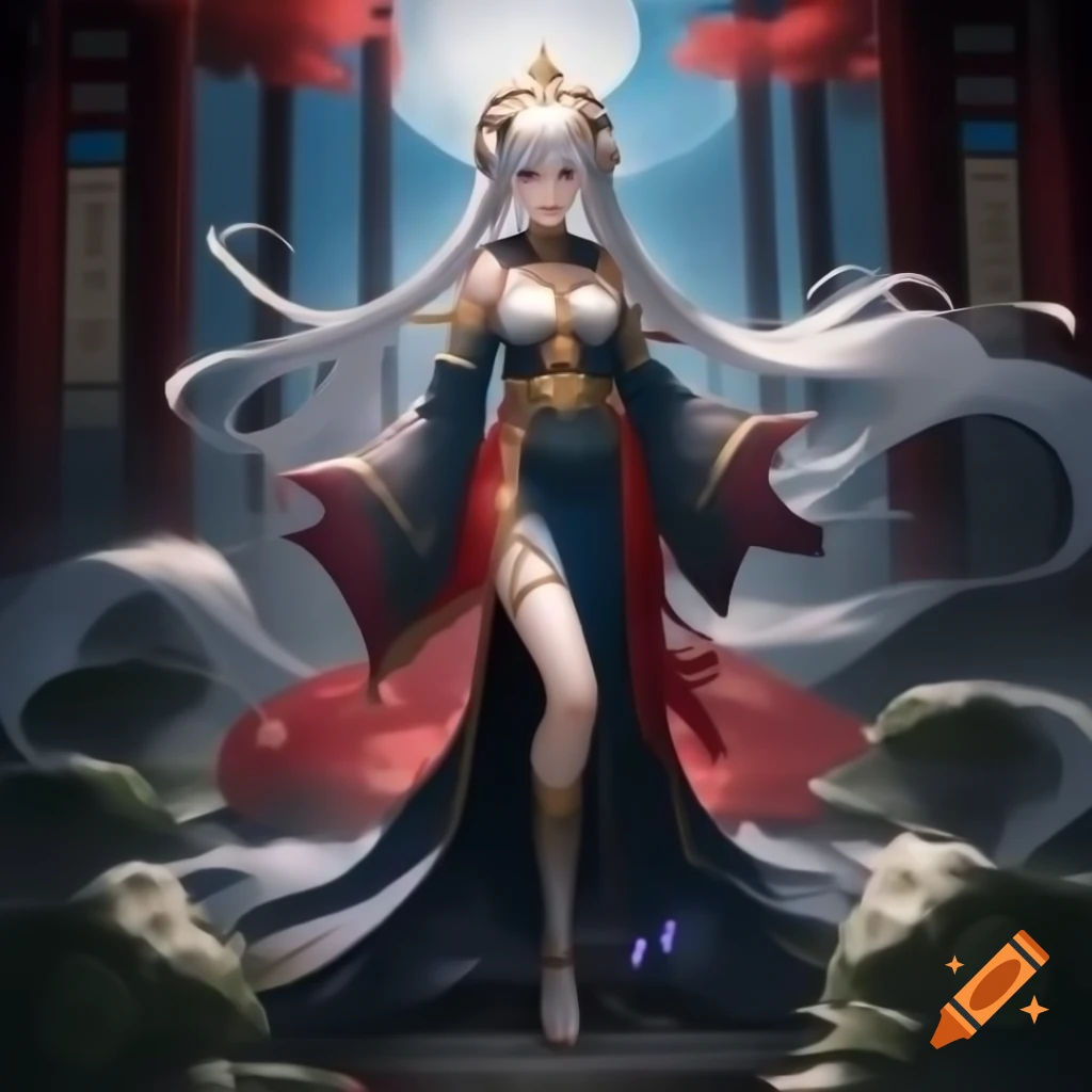 Female character in Donghua style with black hair and traditional robes in magical forest