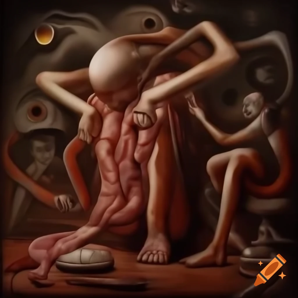 Surreal figure study blending Francis Bacon's emotional distortion with Dali's dreamlike elements and Giger's dark aesthetics